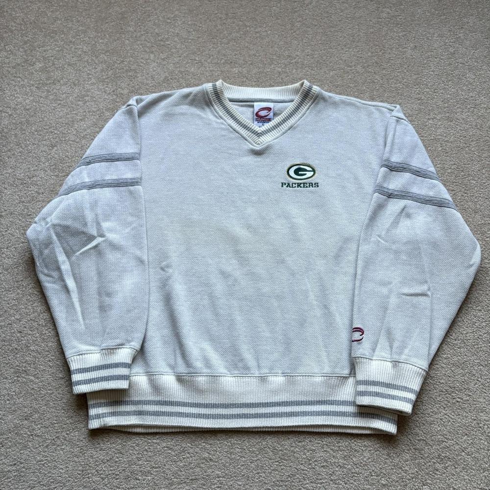 Vtg Green Bay Packers Sweater XL Gray NFL Football V Neck Knit Pullover 90s